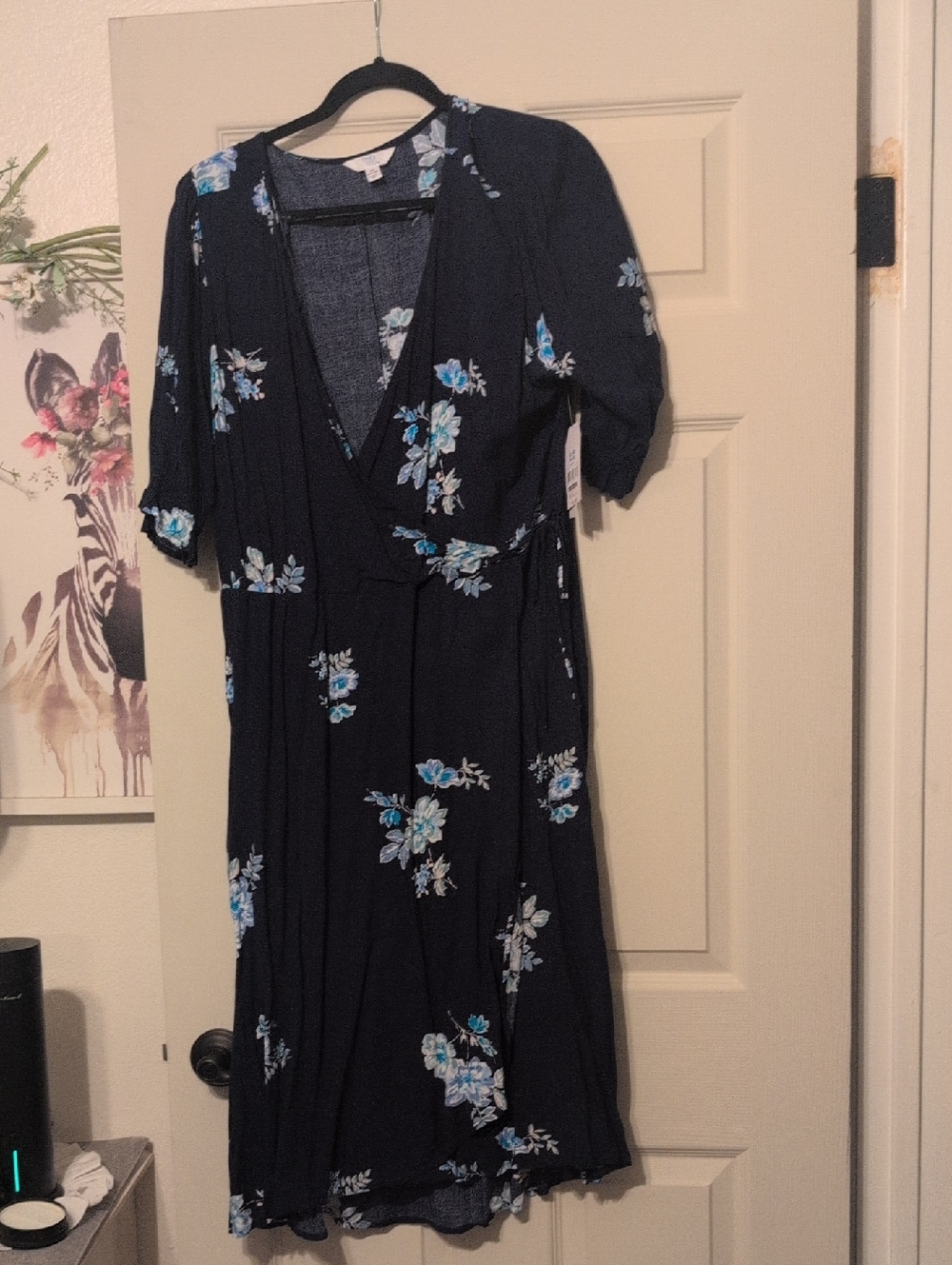 Time and Tru Navy Floral Midi Wrap Dress with Blue Blooms